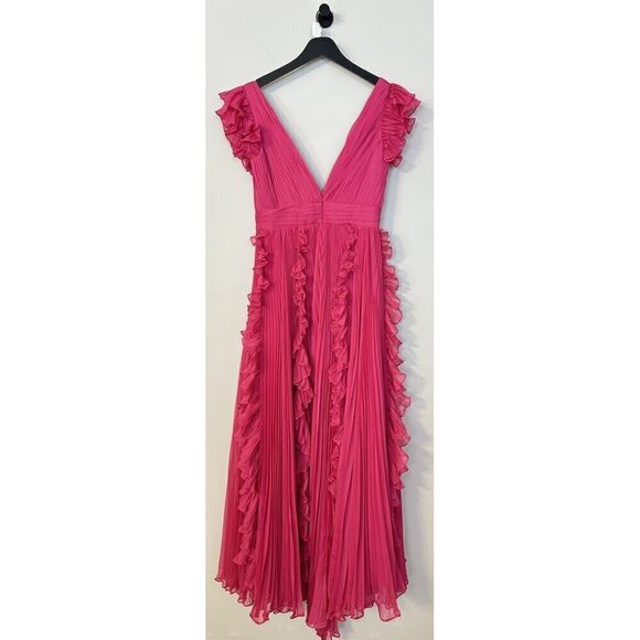 MAC DUGGAL Pleated Ruffle Cap Sleeve Chiffon Gown in Fuchsia Size US 8 - Picture 7 of 14